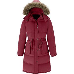 Women's Long Puffer Hood Jacket Coat Wine Red Winter Warm Detachable Fur Trim